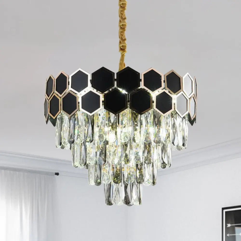 Contemporary Tapered Chandelier Lamp With 9 Bulbs Black Finish & Clear Glass Drops