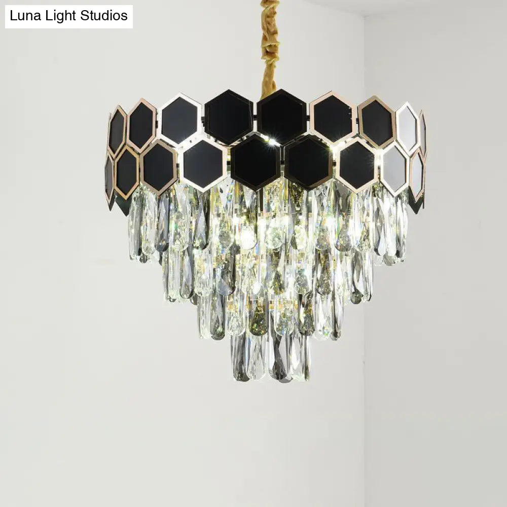 Contemporary Tapered Chandelier Lamp With 9 Bulbs Black Finish & Clear Glass Drops