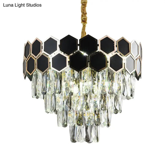 Contemporary Black Finish Chandelier With Clear Glass Drops & 9 Bulbs