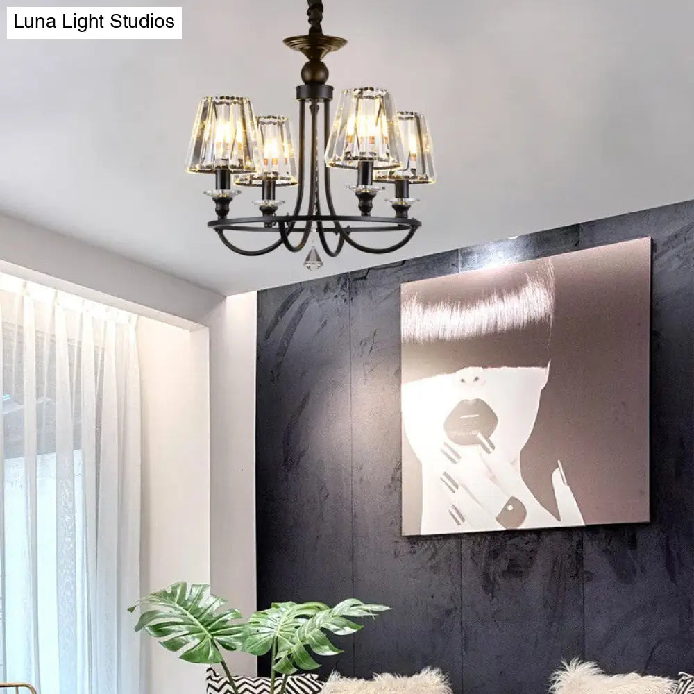 Modern Crystal Pendant Light In Black - Tapered Design 4/6/8 Lights Hanging From Ceiling