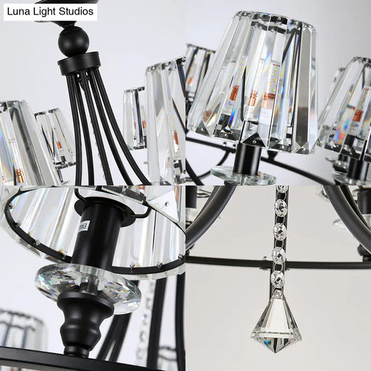 Modern Crystal Pendant Light In Black - Tapered Design 4/6/8 Lights Hanging From Ceiling