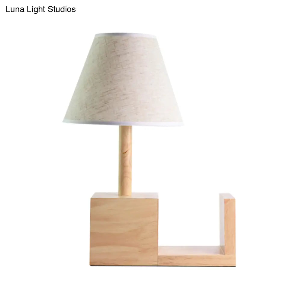 Contemporary Tapered Fabric Night Table Light White 1-Head Desk Lamp With Wood Shelf Base