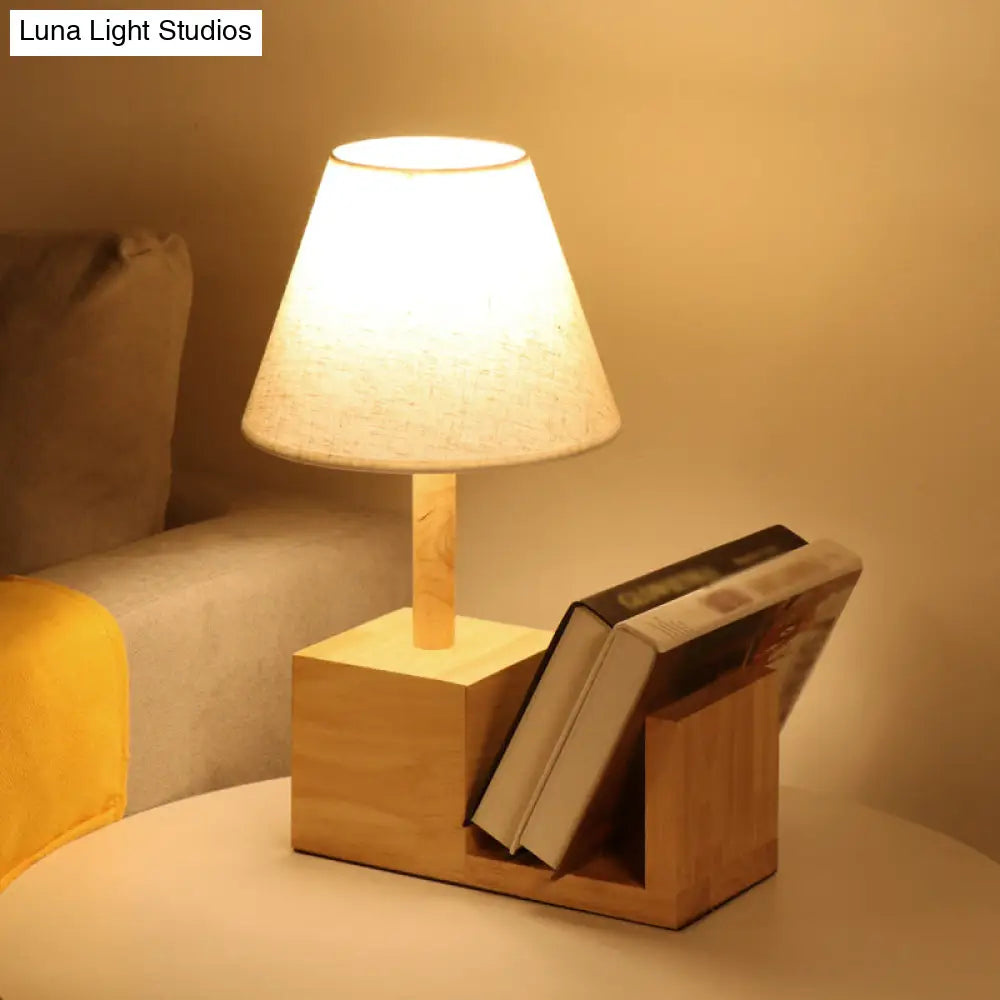 Contemporary Tapered Fabric Night Table Light White 1-Head Desk Lamp With Wood Shelf Base