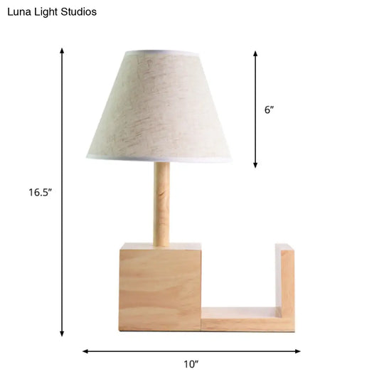 Contemporary Tapered Fabric Night Table Light White 1-Head Desk Lamp With Wood Shelf Base