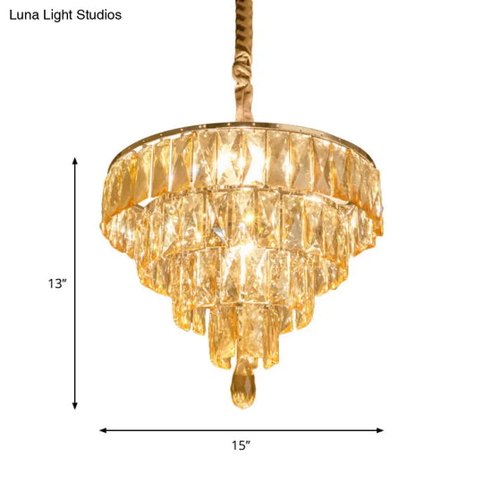 Modern Tapered Suspension Lamp With Clear Rectangle-Cut Crystal 4 Heads And Nickel Finish