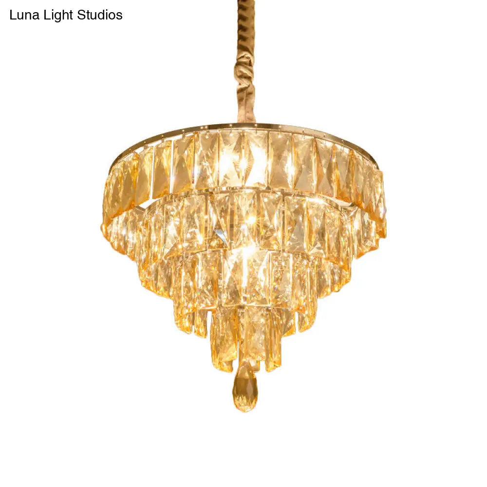 Modern Tapered Suspension Lamp With Clear Rectangle-Cut Crystal 4 Heads And Nickel Finish