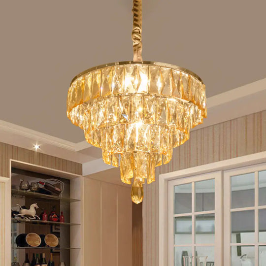 Contemporary Tapered Suspension Lamp - Clear Rectangle-Cut Crystal 4 Head Nickel Chandelier