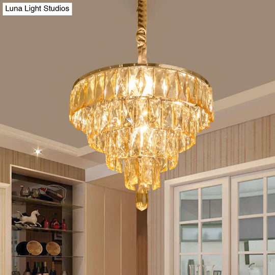 Modern Tapered Suspension Lamp With Clear Rectangle-Cut Crystal 4 Heads And Nickel Finish