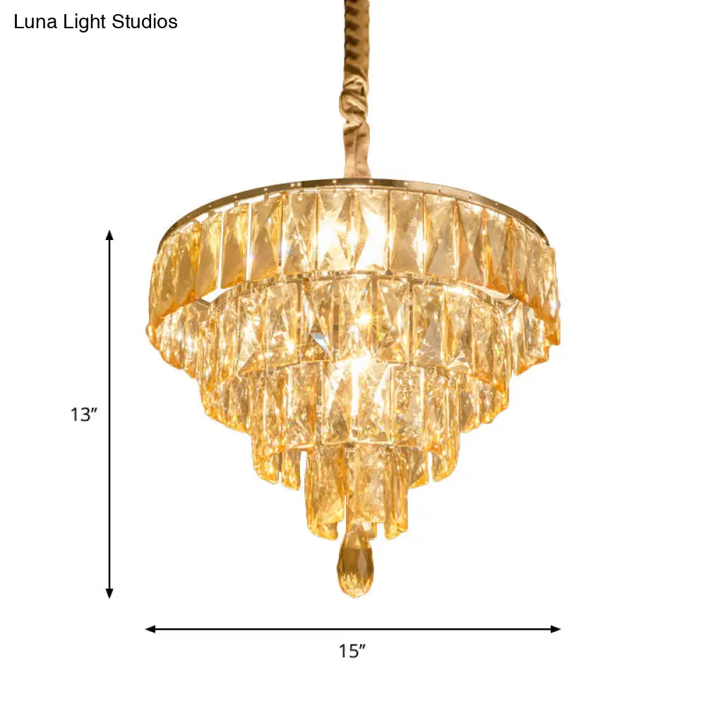 Contemporary Tapered Suspension Lamp - Clear Rectangle-Cut Crystal 4 Head Nickel Chandelier