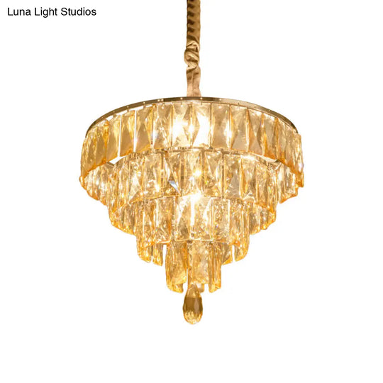 Contemporary Tapered Suspension Lamp - Clear Rectangle-Cut Crystal 4 Head Nickel Chandelier