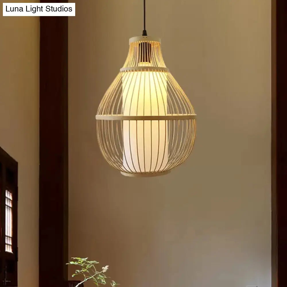 Bamboo Teardrop Pendant Light: Contemporary 1-Head Beige Ceiling Fixture For Dining Room