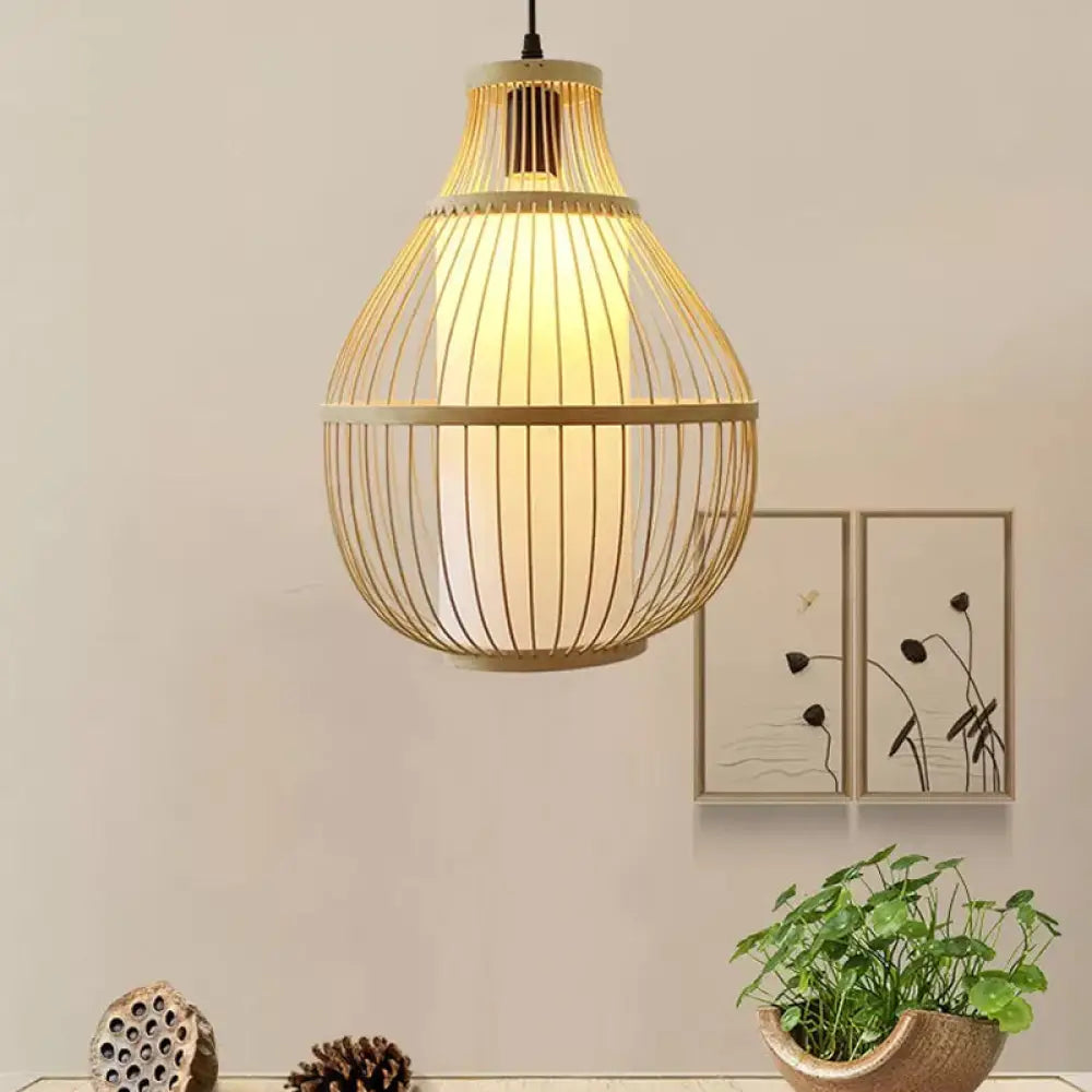 Contemporary Teardrop Bamboo Pendant Light For Dining Room - 1-Head Beige Ceiling Hang