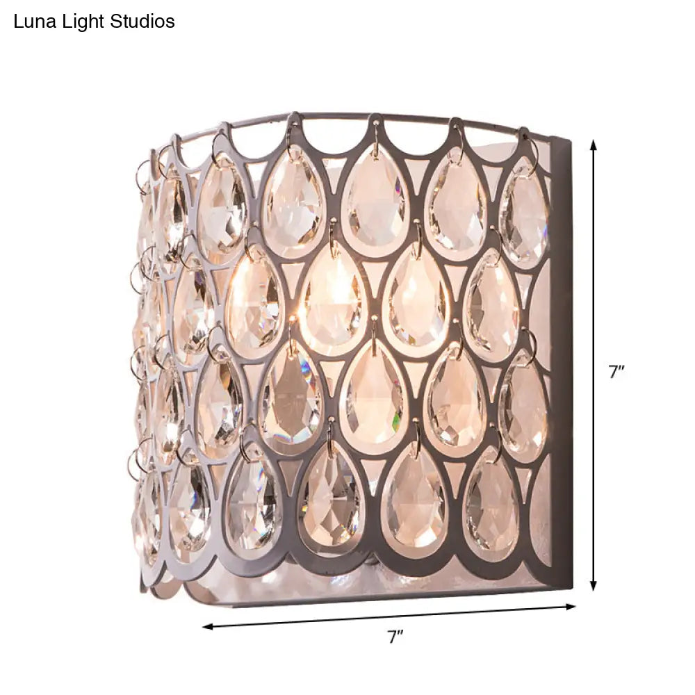 Contemporary Teardrop Crystal Wall Sconce - White Cylinder Shade Mounted Light