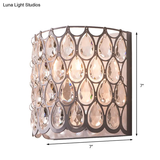 Contemporary Teardrop Crystal Wall Sconce - White Cylinder Shade Mounted Light