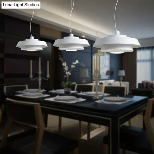 Contemporary Metallic Pendant Ceiling Light In White - Tiered 1-Light Suspension Lamp For Dining