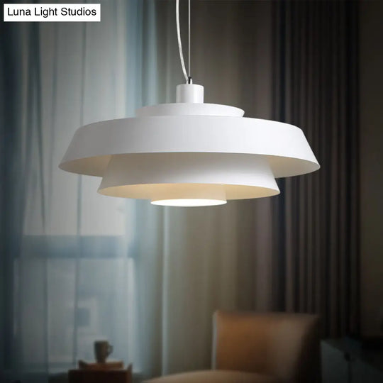 Contemporary Metallic Pendant Ceiling Light In White - Tiered 1-Light Suspension Lamp For Dining