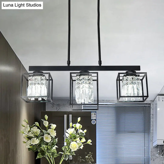 Contemporary Tri-Sided Crystal Rod Black Hanging Ceiling Light - Square 3/4 Heads Island Lamp