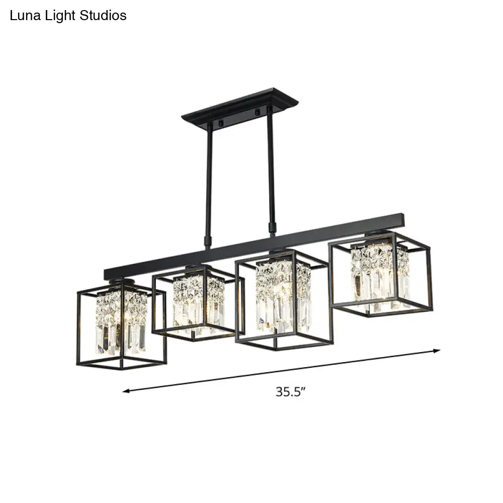 Contemporary Tri-Sided Crystal Rod Black Hanging Ceiling Light - Square 3/4 Heads Island Lamp