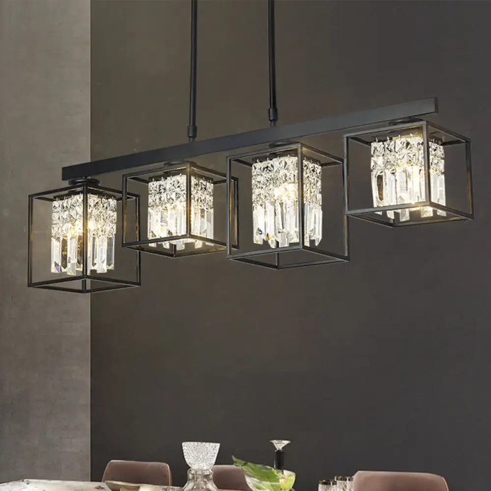 Contemporary Tri-Sided Crystal Rod Black Hanging Ceiling Light - Square 3/4 Heads Island Lamp 4 /