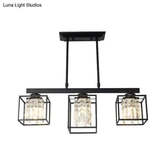 Contemporary Tri-Sided Crystal Rod Black Hanging Ceiling Light - Square 3/4 Heads Island Lamp