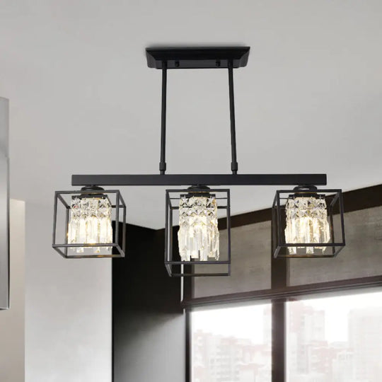 Contemporary Tri-Sided Crystal Rod Black Hanging Ceiling Light - Square 3/4 Heads Island Lamp 3 /