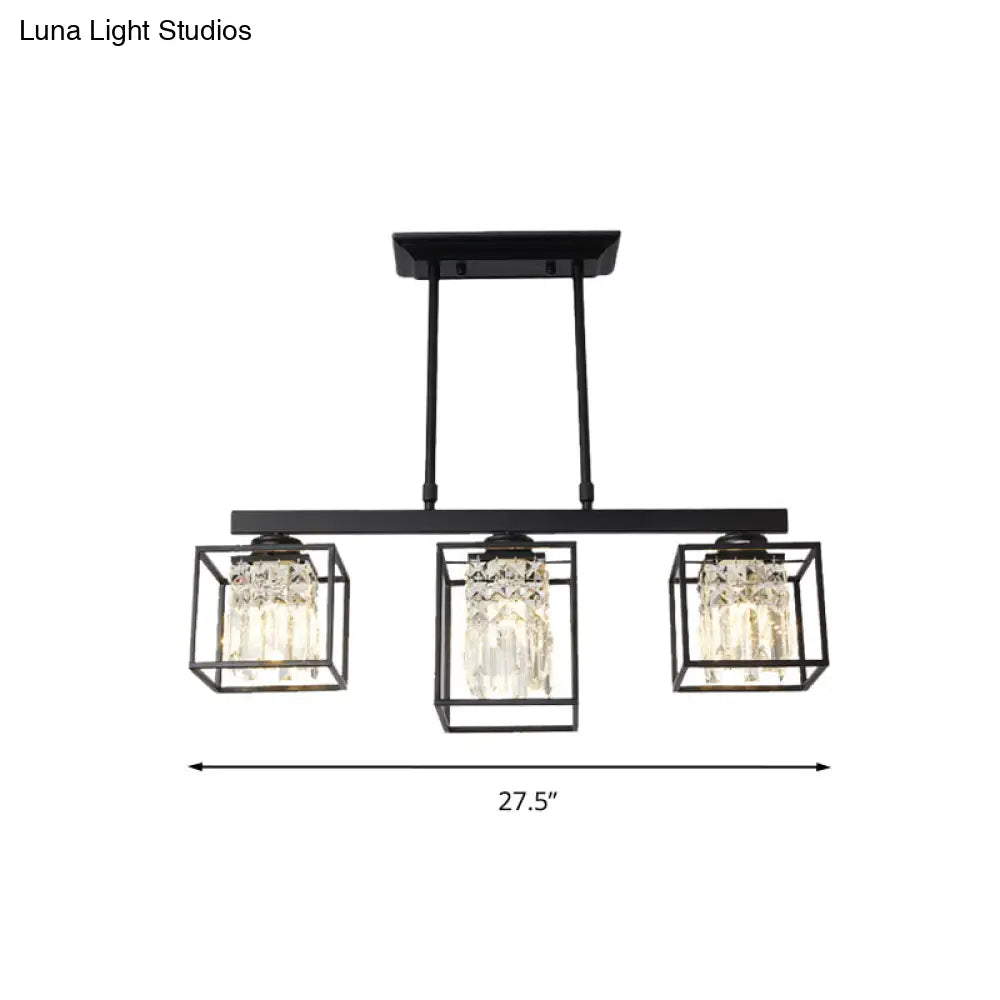 Contemporary Tri-Sided Crystal Rod Black Hanging Ceiling Light - Square 3/4 Heads Island Lamp