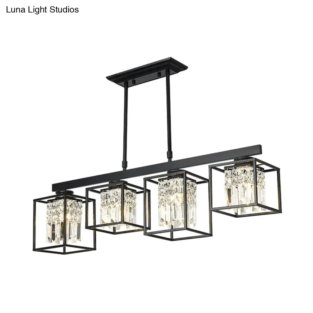 Contemporary Tri-Sided Crystal Rod Black Hanging Ceiling Light - Square 3/4 Heads Island Lamp