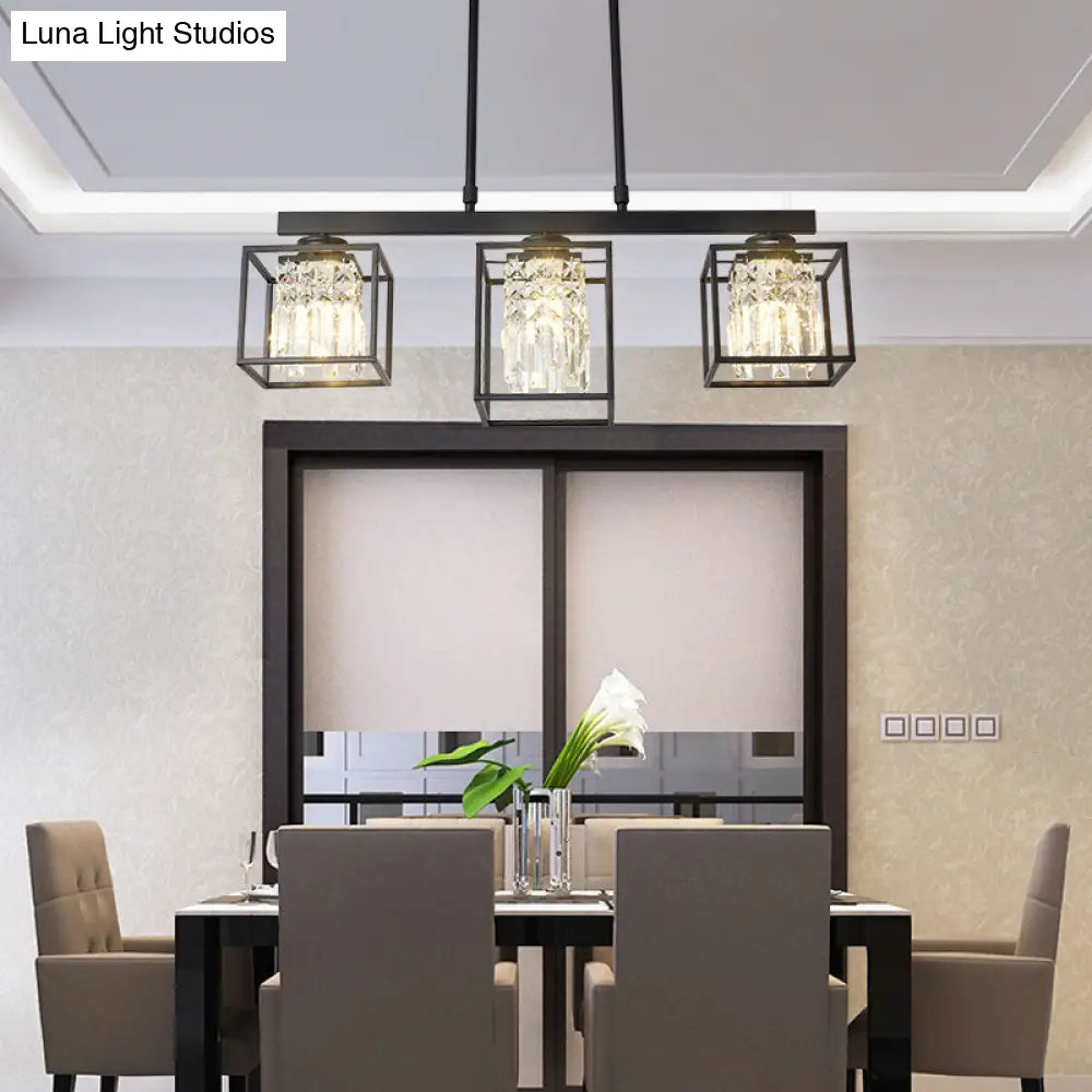 Contemporary Tri-Sided Crystal Rod Black Hanging Ceiling Light - Square 3/4 Heads Island Lamp