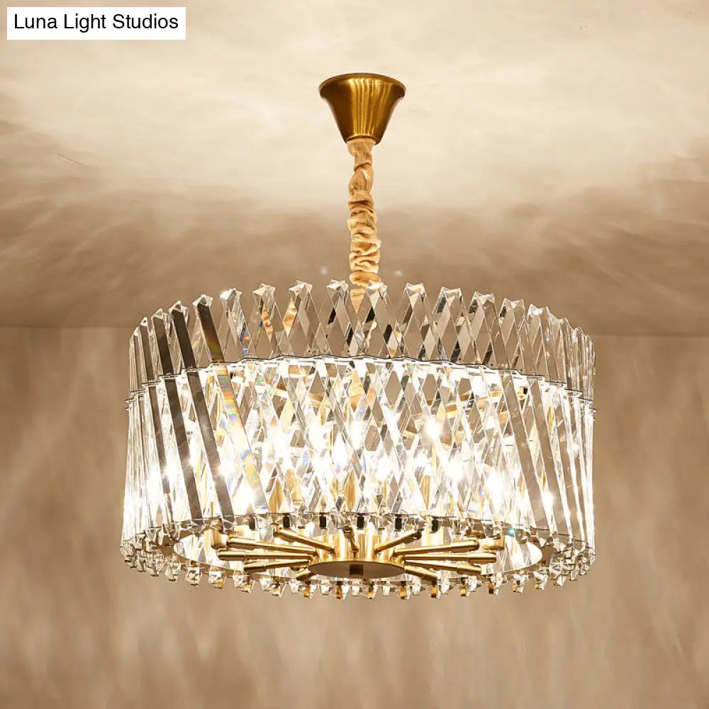 Contemporary Tri-Sided Crystal Rod Drum Ceiling Light Chandelier - 10 Heads Fixture