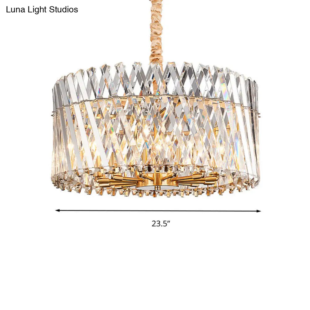 Contemporary Crystal Rod Drum Ceiling Light - Tri-Sided Design 10 Heads Chandelier Fixture