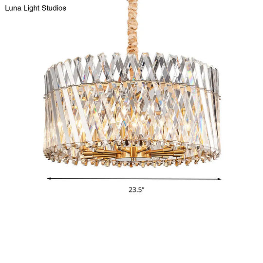 Contemporary Crystal Rod Drum Ceiling Light - Tri-Sided Design 10 Heads Chandelier Fixture