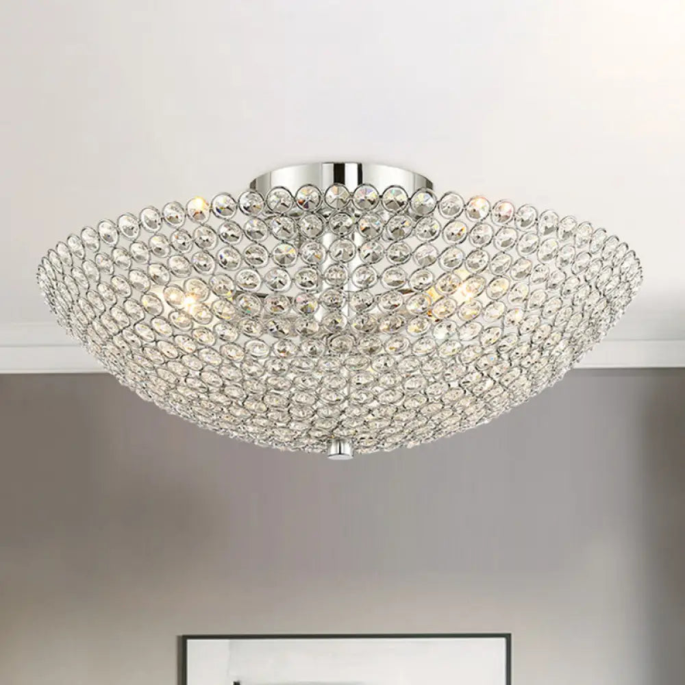 Contemporary Triple Light Chrome Flush Mount Ceiling With Clear K9 Crystal Bowl