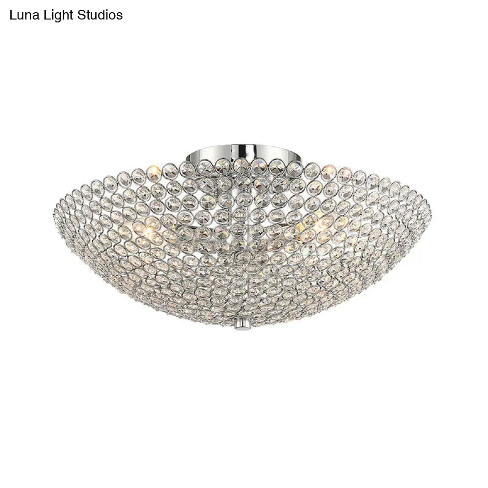 Contemporary Triple Light Chrome Flush Mount Ceiling With Clear K9 Crystal Bowl