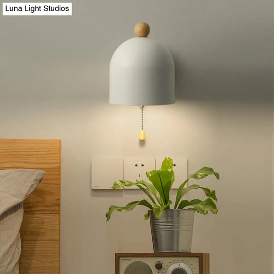 Contemporary Tube Metal Wall Lamp - 1 Head White Sconce Light With Swing Wood Arm And Pull Chain