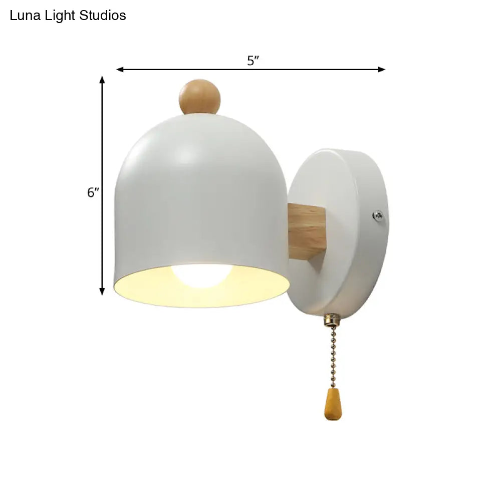 Contemporary Tube Metal Wall Lamp - 1 Head White Sconce Light With Swing Wood Arm And Pull Chain