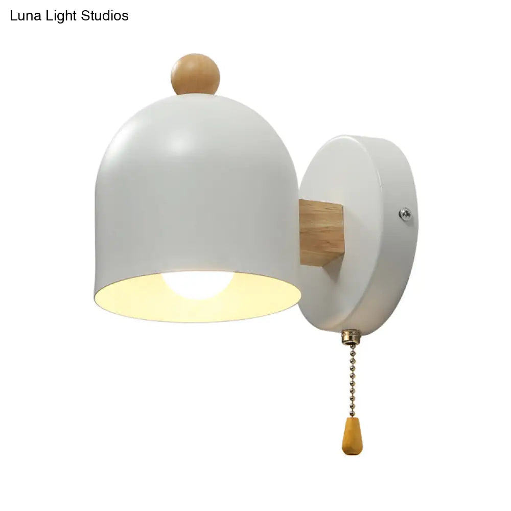 Contemporary Tube Metal Wall Lamp - 1 Head White Sconce Light With Swing Wood Arm And Pull Chain