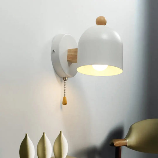 Contemporary Tube Metal Wall Lamp - 1 Head White Sconce Light With Swing Wood Arm And Pull Chain