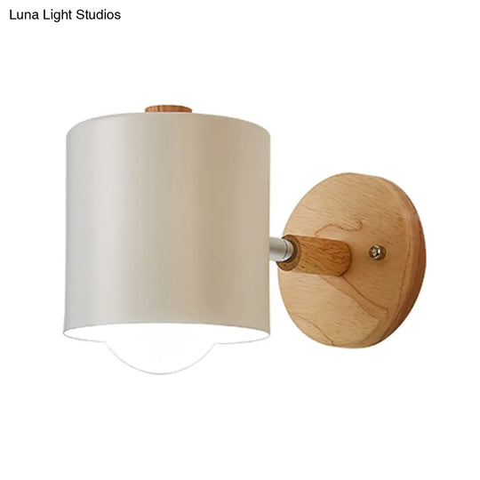 Contemporary Tube Metal Wall Sconce With Wood Backplate - 1 Head White/Green Light Fixture