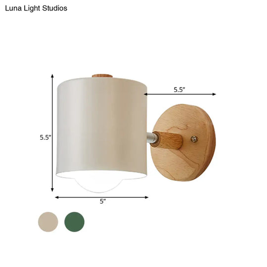 Contemporary Tube Metal Wall Sconce With Wood Backplate - 1 Head White/Green Light Fixture