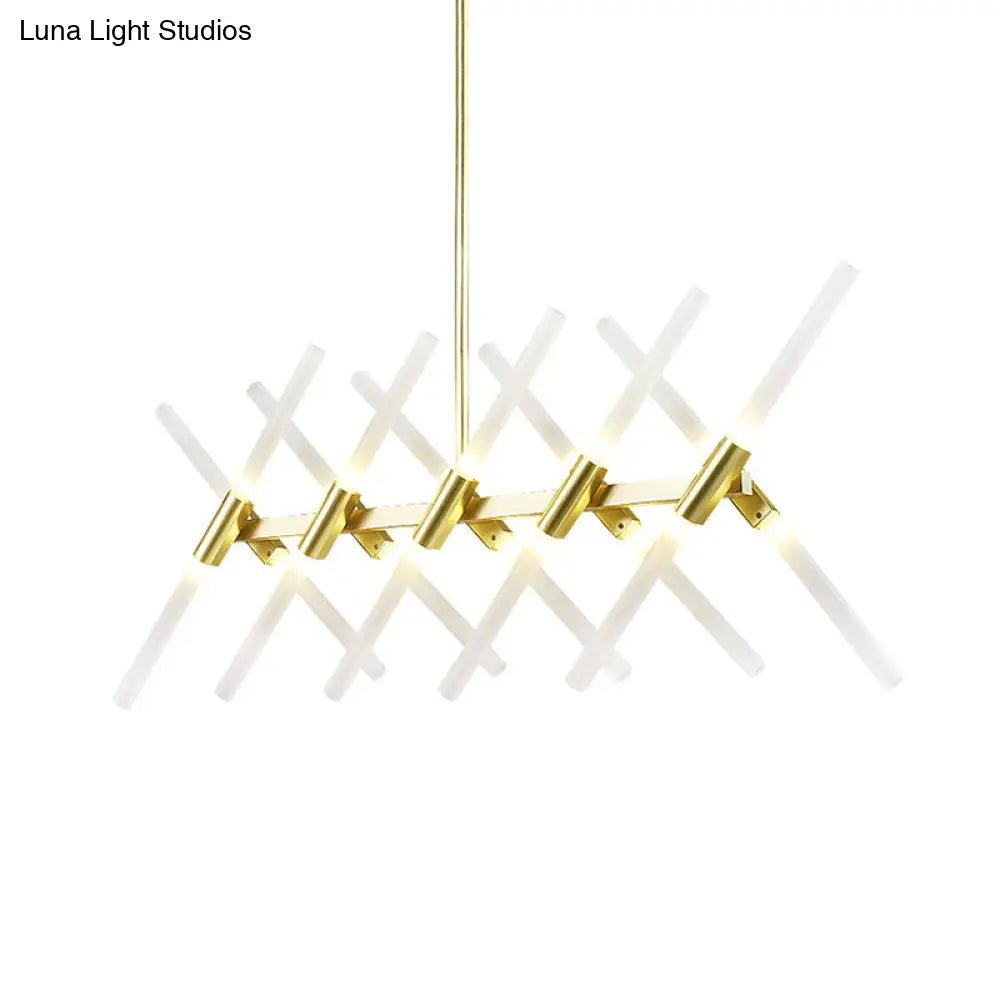 Contemporary Tubular Acrylic Island Light: 20-Head Gold Pendant With Extendable Rod