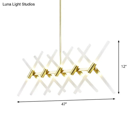 Contemporary Tubular Acrylic Island Light: 20-Head Gold Pendant With Extendable Rod