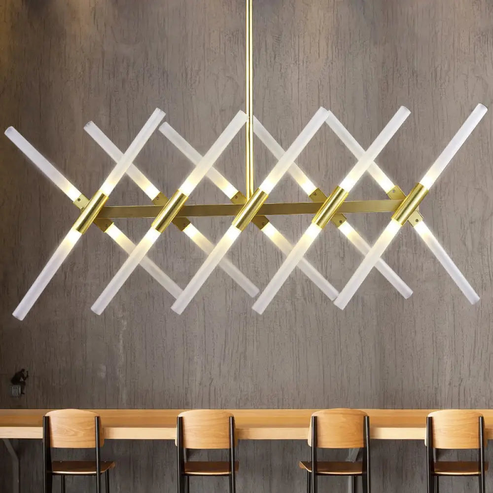 Contemporary Tubular Acrylic Island Light: 20-Head Gold Pendant With Extendable Rod