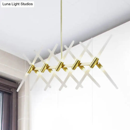 Contemporary Tubular Acrylic Island Light: 20-Head Gold Pendant With Extendable Rod