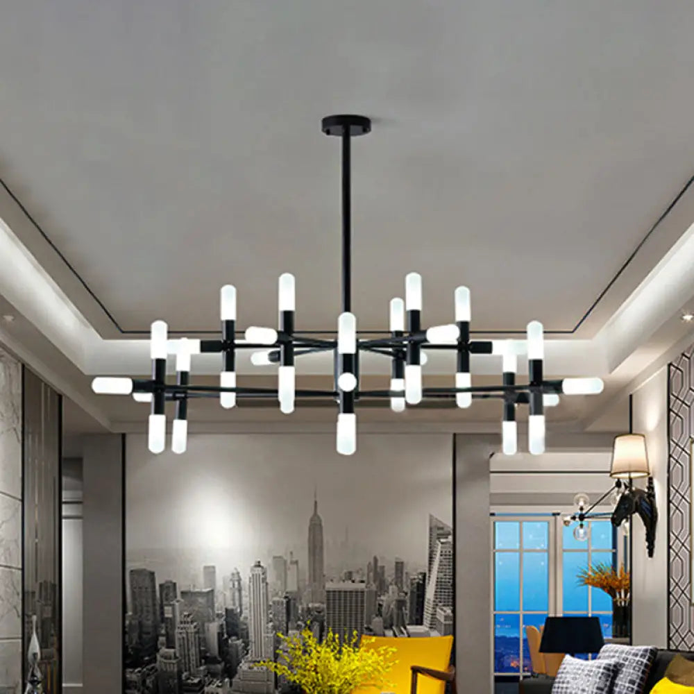 Contemporary Tubular Chandelier: 18/36-Light Black/Gold Metal Hanging Lamp With Starburst Design 36