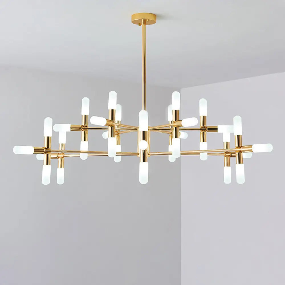 Contemporary Tubular Chandelier: 18/36-Light Black/Gold Metal Hanging Lamp With Starburst Design 36