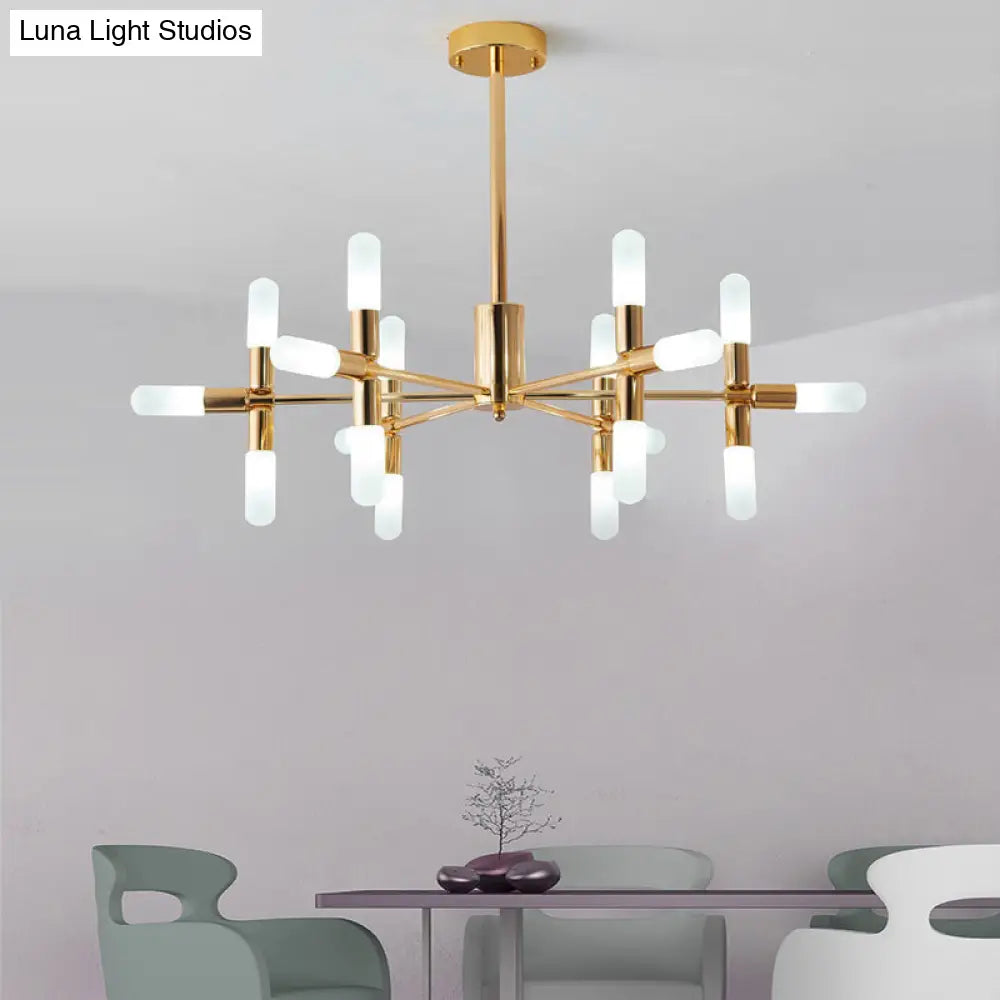 Contemporary Tubular Chandelier: 18/36-Light Black/Gold Metal Hanging Lamp With Starburst Design