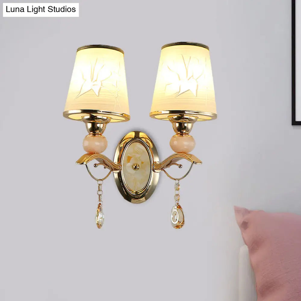 Contemporary Wall Lamp With Crystal Droplet - Amber Glass And Gold Finish