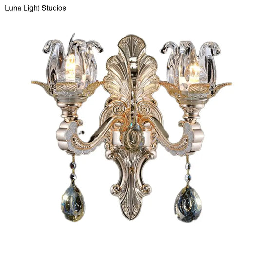 Contemporary Wall-Mounted Floral Sconce Light Fixture With Crystal Drop - Clear Glass 1/2 Heads