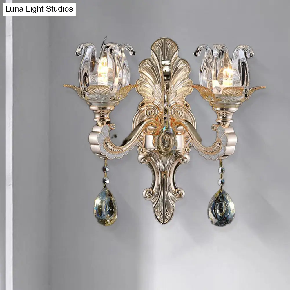 Contemporary Wall-Mounted Floral Sconce Light Fixture With Crystal Drop - Clear Glass 1/2 Heads