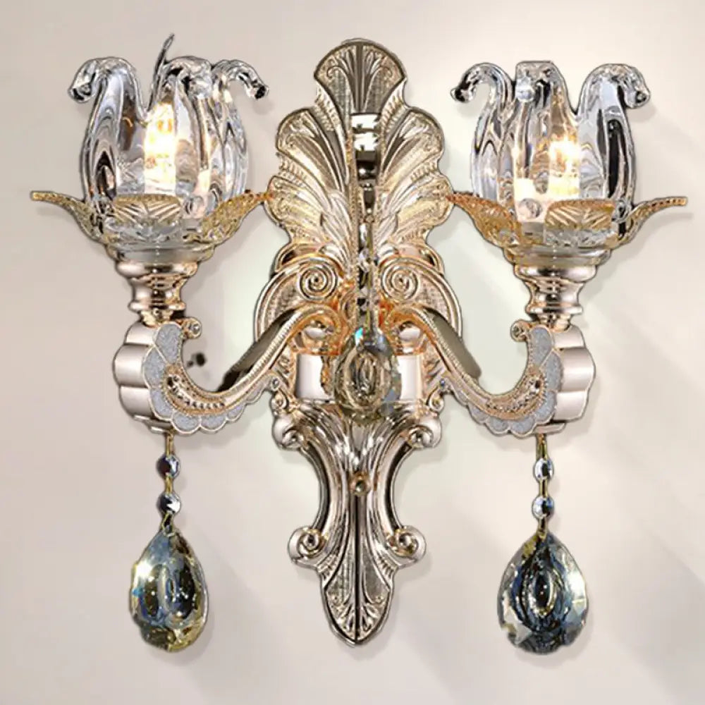 Contemporary Wall-Mounted Floral Sconce Light Fixture With Crystal Drop - Clear Glass 1/2 Heads 2 /